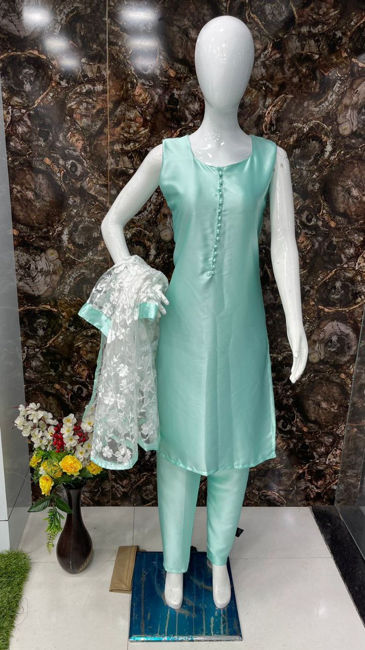 Aqua Salwar Suit In Japan Satin Silk