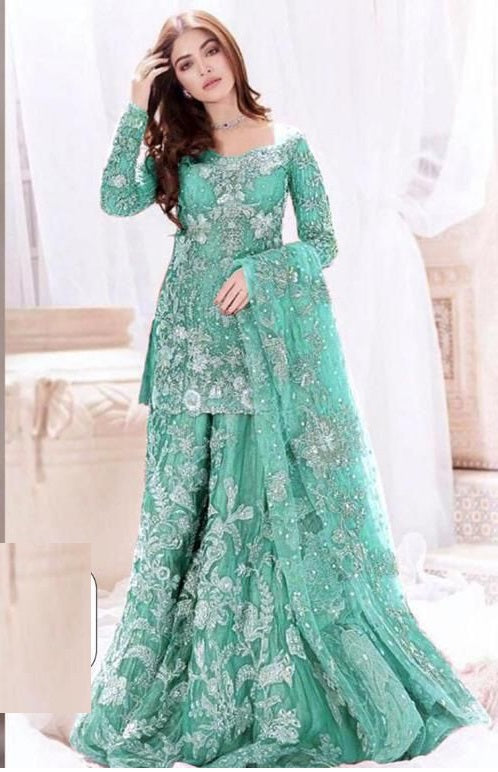 Aqua Green Sharara Suit In Nylon Mono Net With Embroidery Work