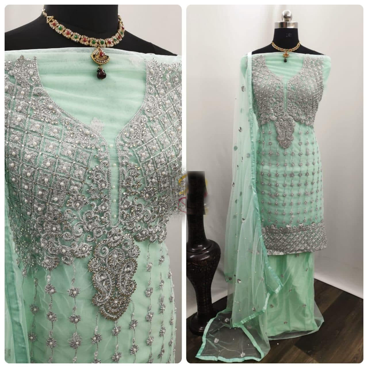 Aqua Sharara Suit In Nylon Mono Net With Embroidery Work