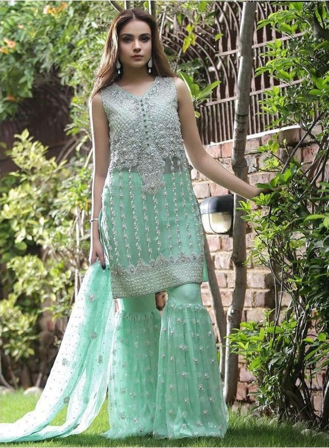 Aqua Sharara Suit In Nylon Mono Net With Embroidery Work