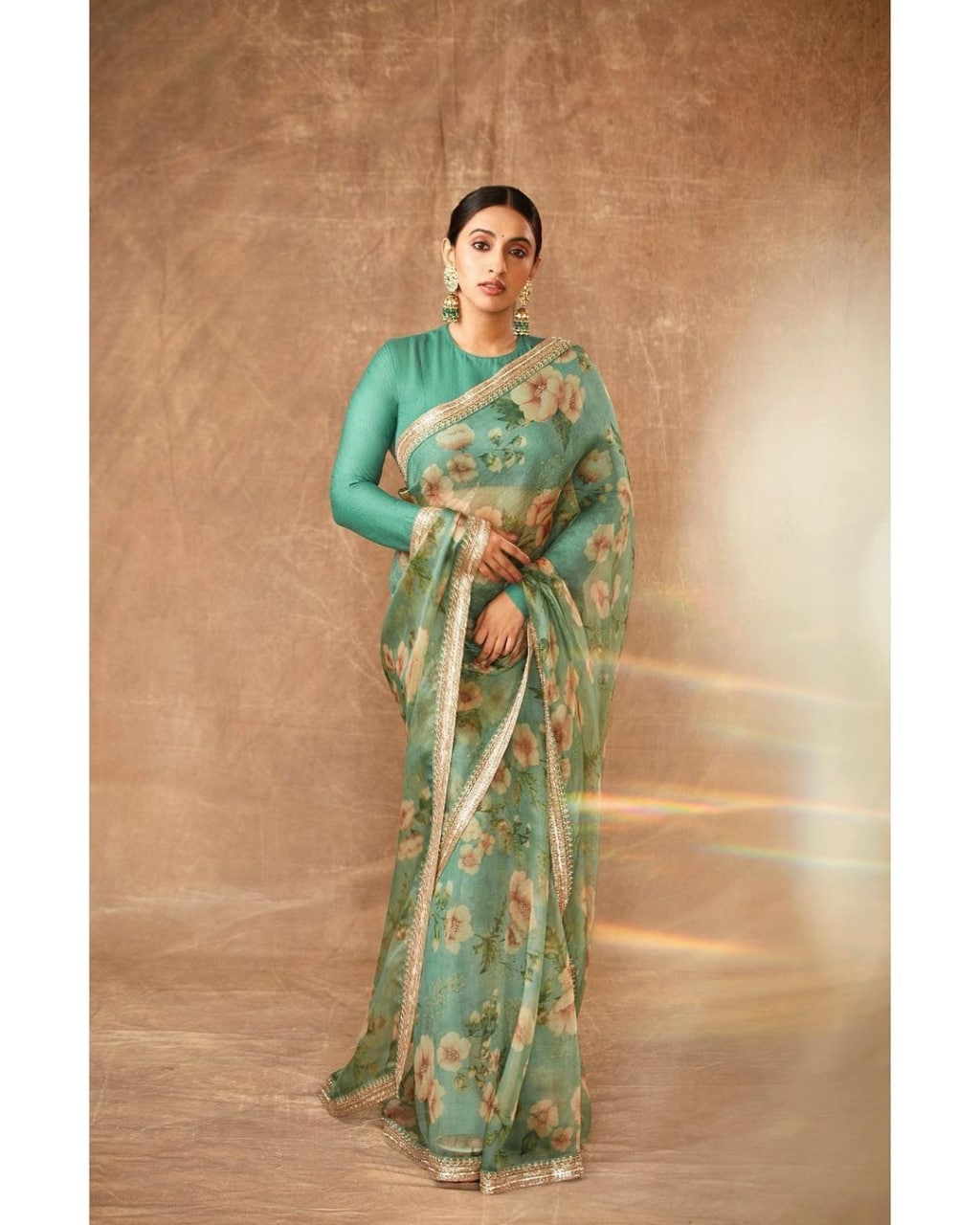 Aqua Saree In Organza Silk With Lace Work