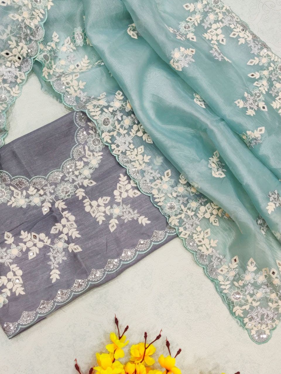 Aqua  Saree In Organza Silk With Sequence Thread Embroidery Work