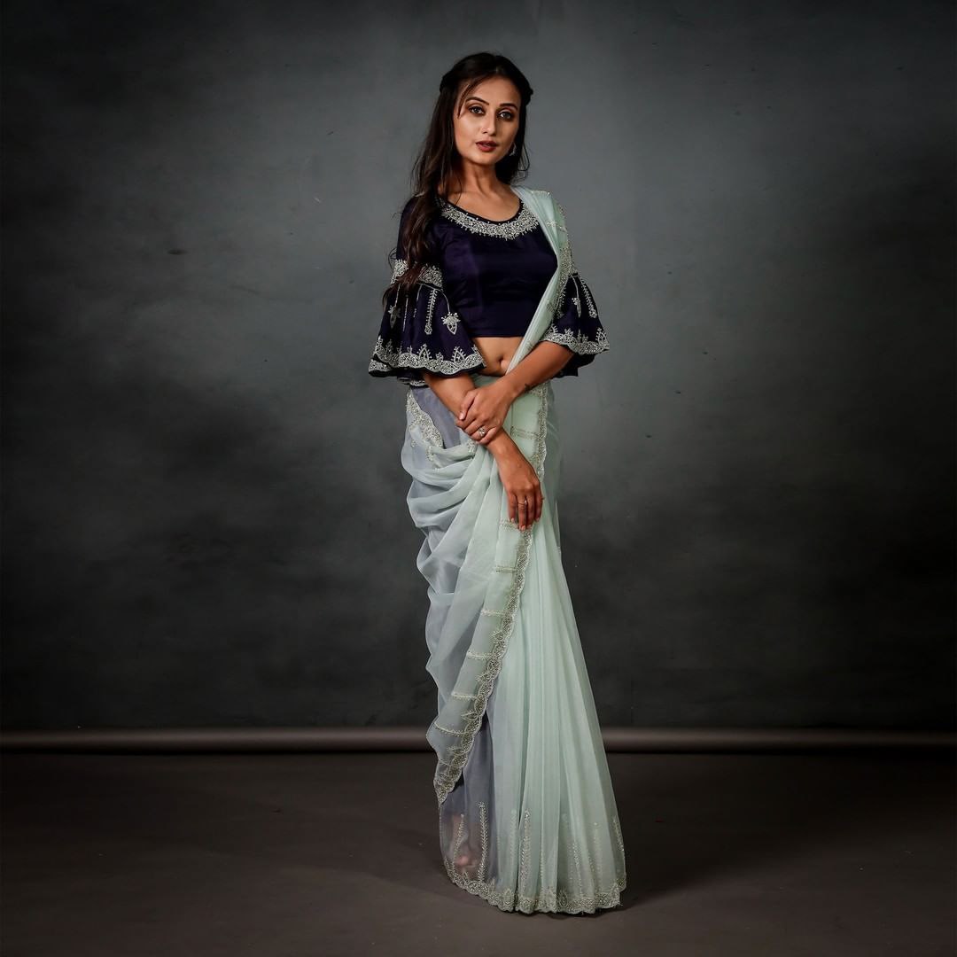 Aqua Saree In Organza Silk With Thread Embroidery Work