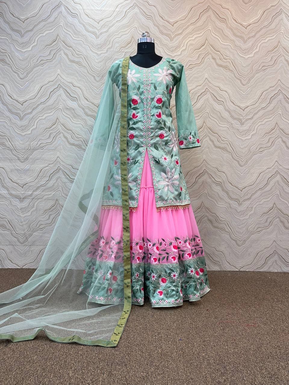 Aqua Salwar Suit In Diamond Silk With Embroidery Work