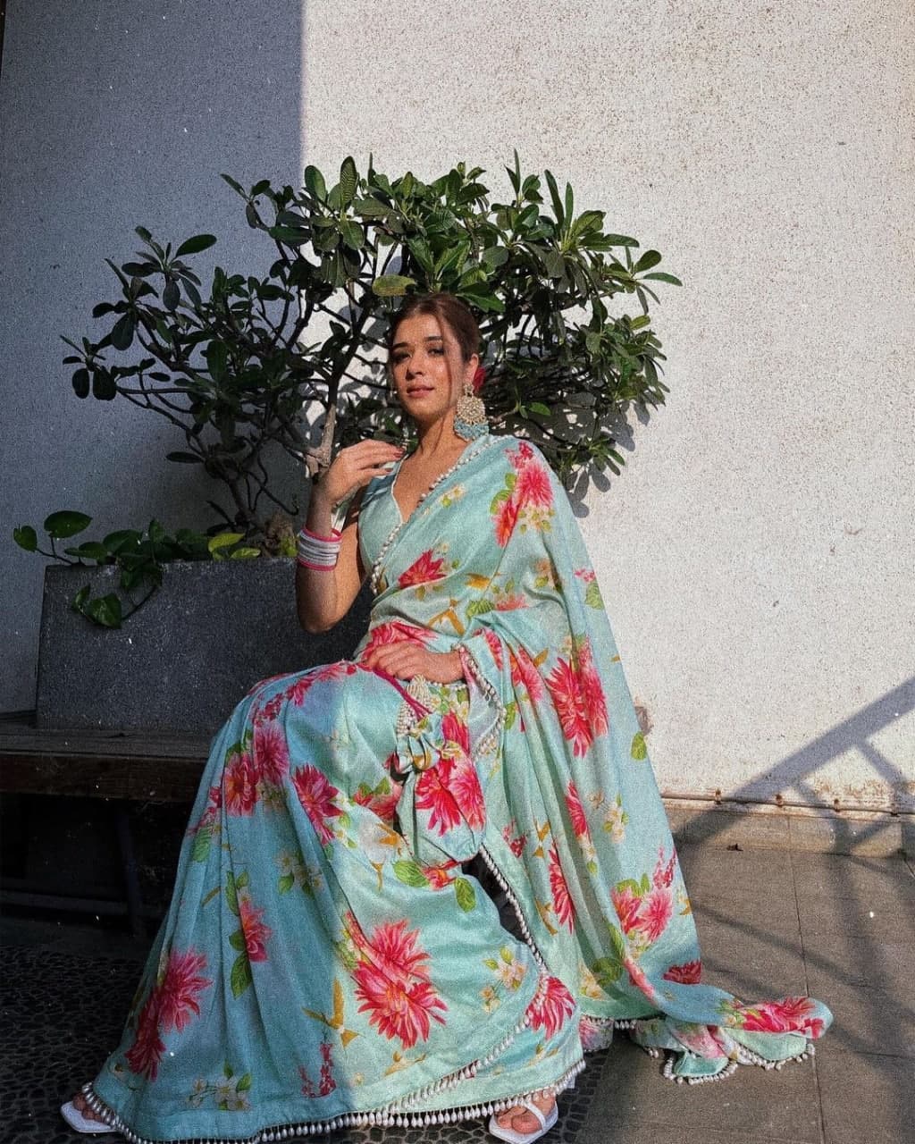 Aqua Saree In Satin Silk With Digital Print