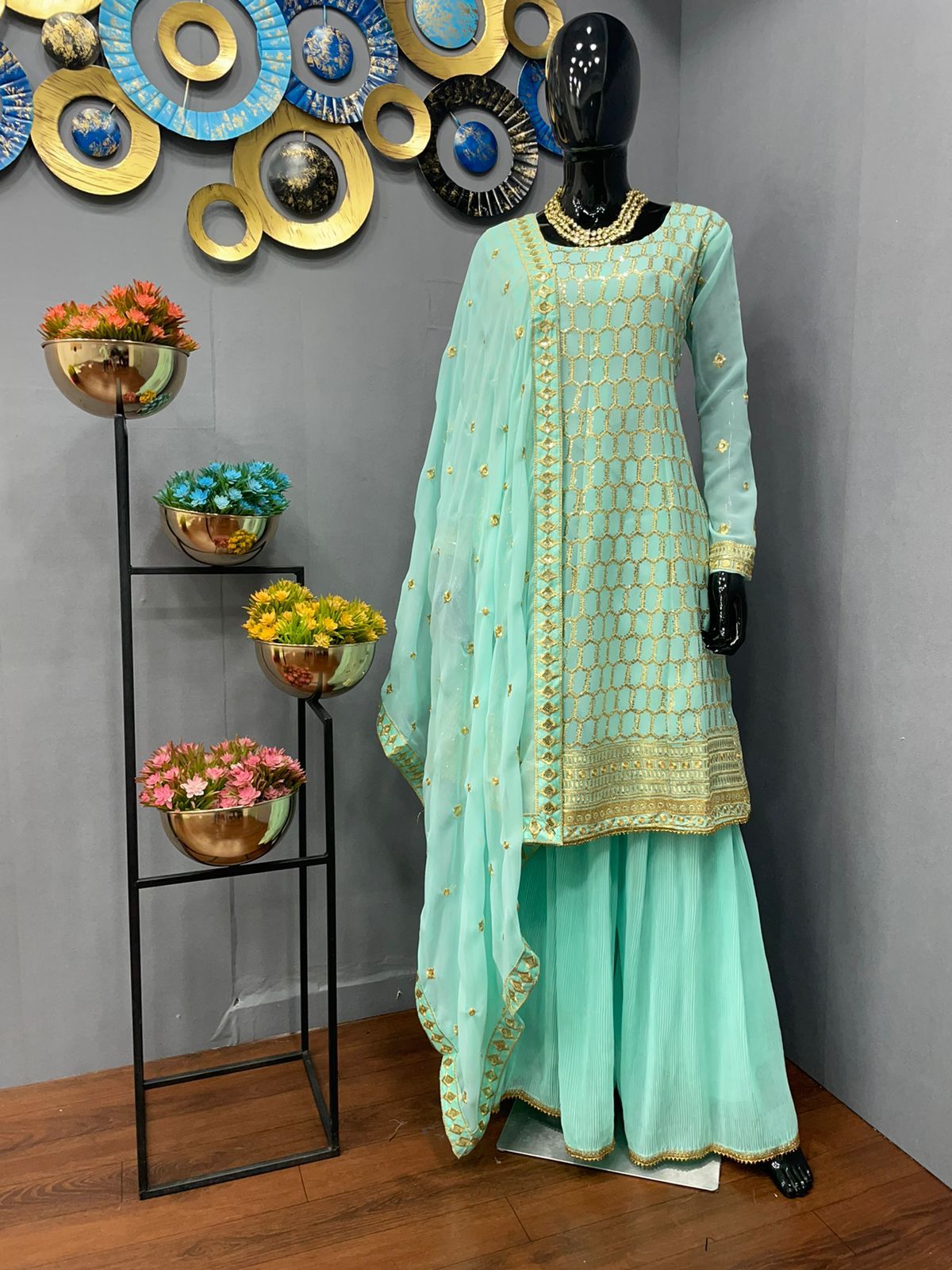 Aqua Sky Salwar Suit In Georgette Silk With Sequence Embroidery Work