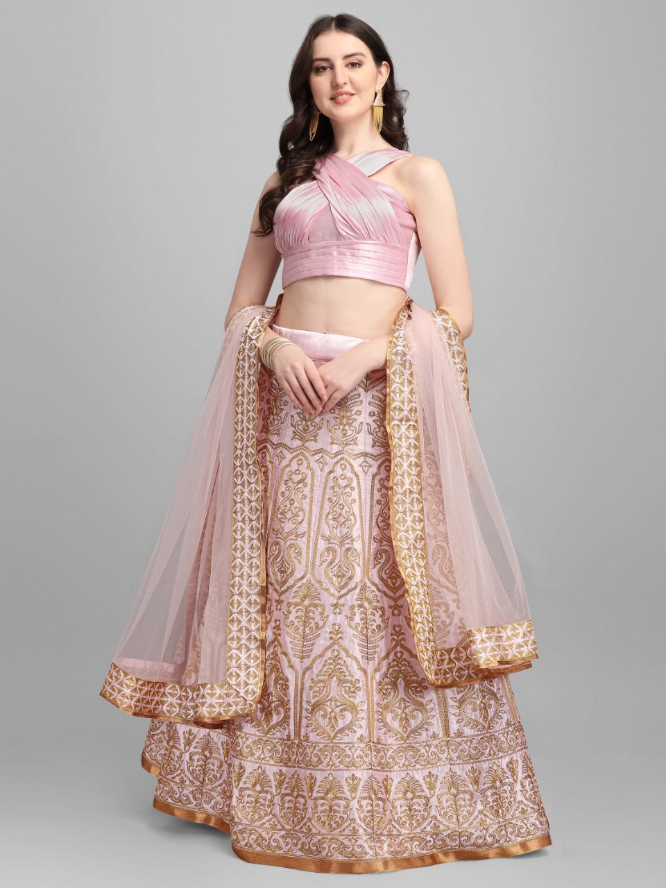 Baby Pink Lehenga Choli In Malai Satin Silk With Embroidery Work