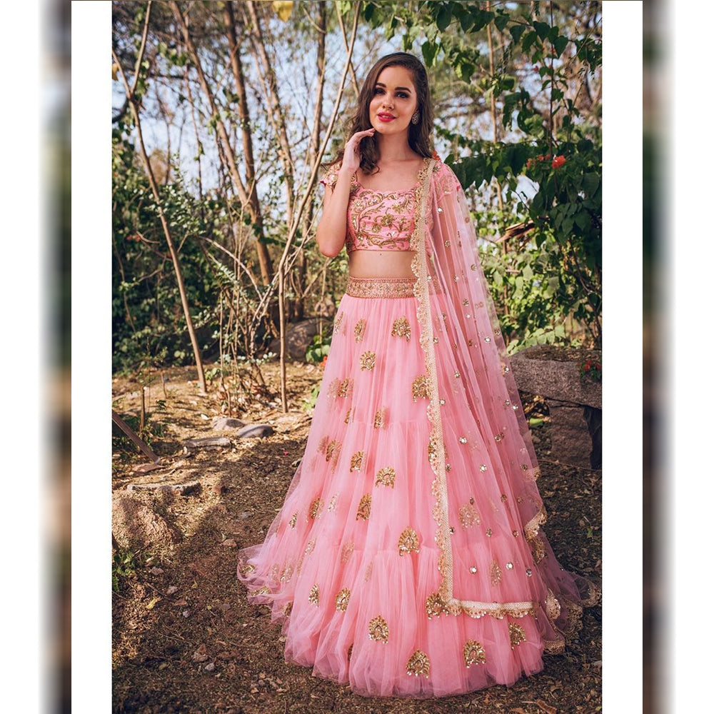 Baby Pink Lehenga Choli In Net With Fancy Embroidery Work