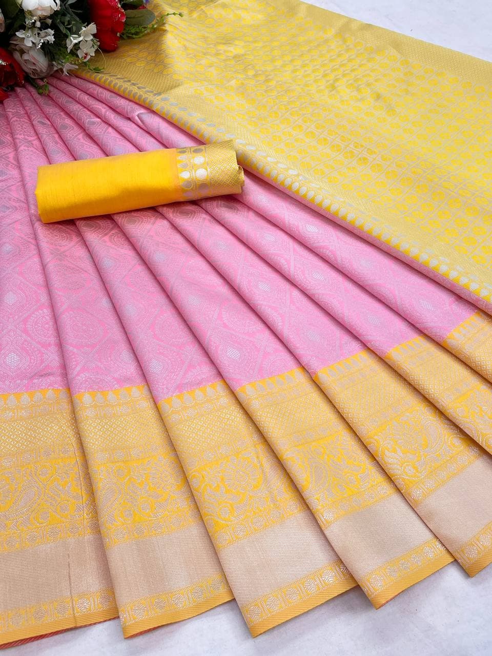 Baby Pink Lichi Silk Banarasi Saree