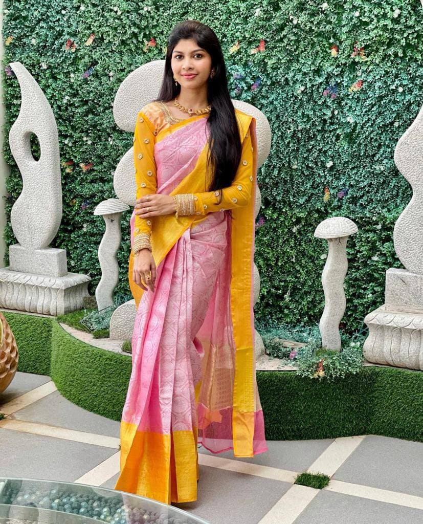 Baby Pink Lichi Silk Banarasi Saree