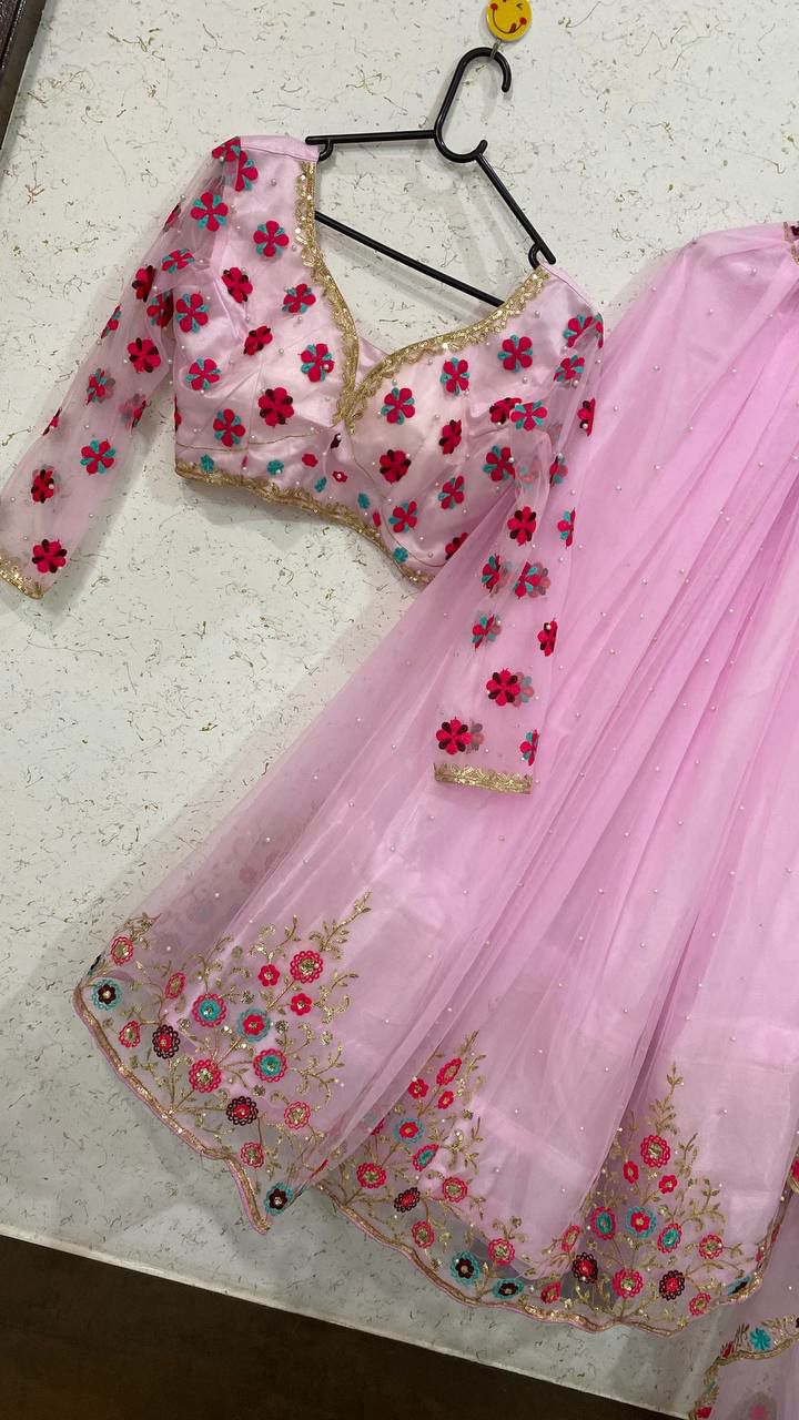 Baby Pink Lehenga Choli In Nylon Mono Net With Sequence Work