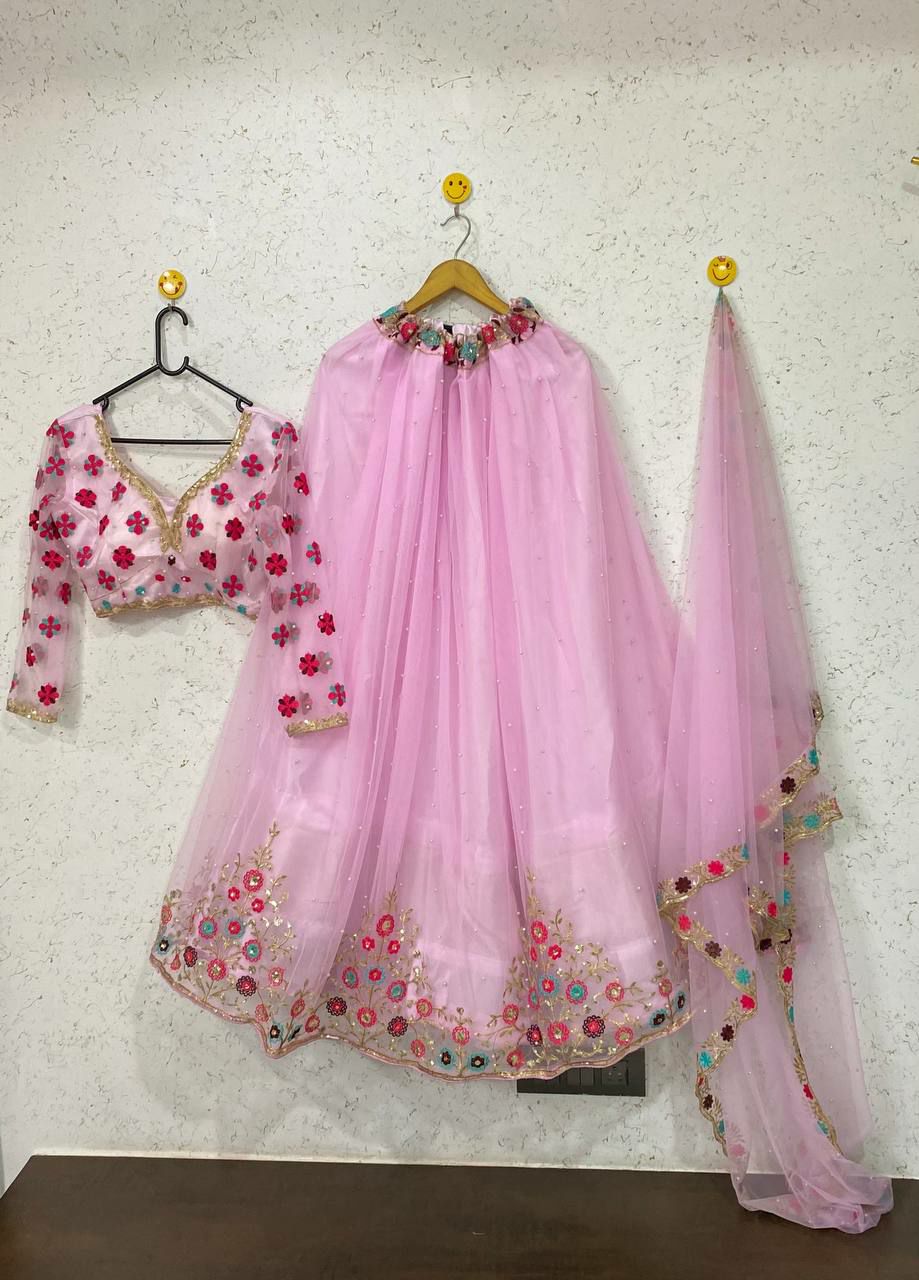 Baby Pink Lehenga Choli In Nylon Mono Net With Sequence Work