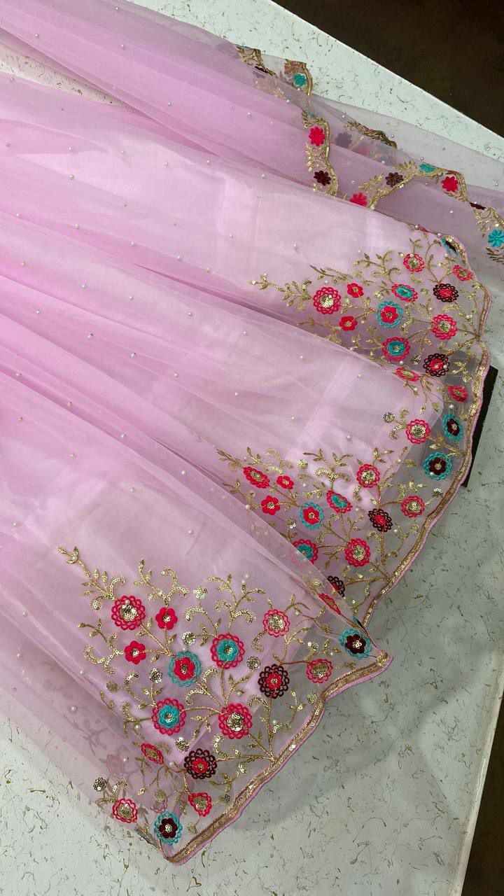 Baby Pink Lehenga Choli In Nylon Mono Net With Sequence Work