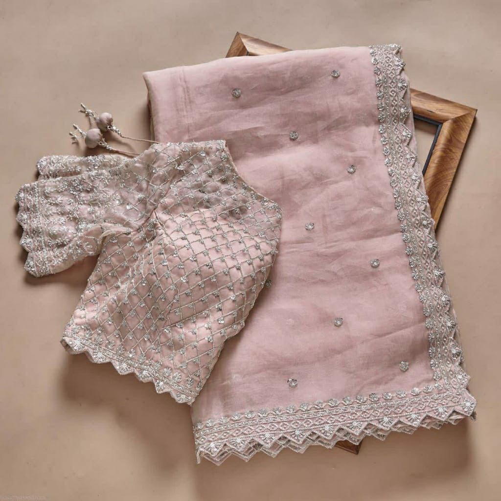 Baby Pink Saree In Organza Silk With Embroidery Work