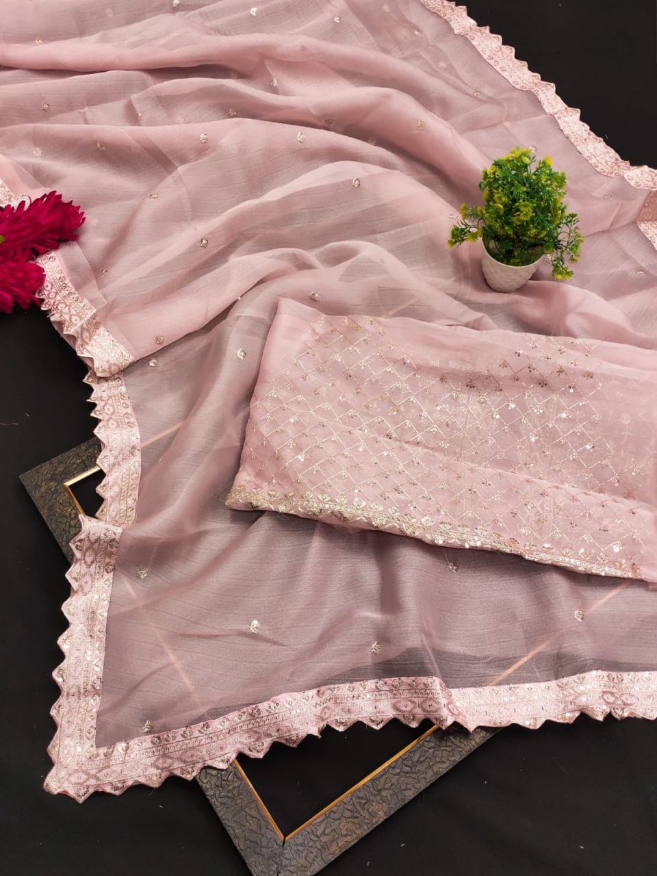 Baby Pink Saree In Organza Silk With Embroidery Work