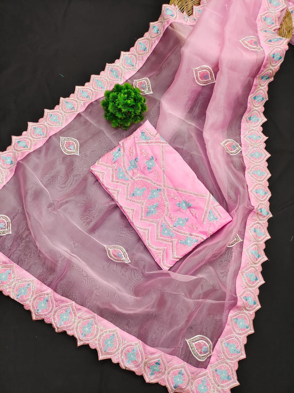 Baby Pink Saree In Organza Silk With Embroidery Work