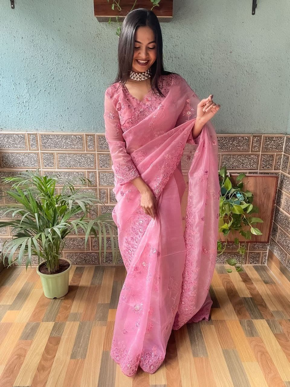 Baby Pink Saree In Organza Silk With Sequence Embroidery Work