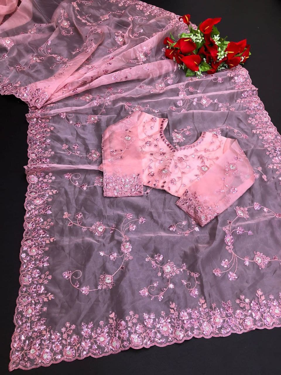 Baby Pink Saree In Organza Silk With Sequence Embroidery Work