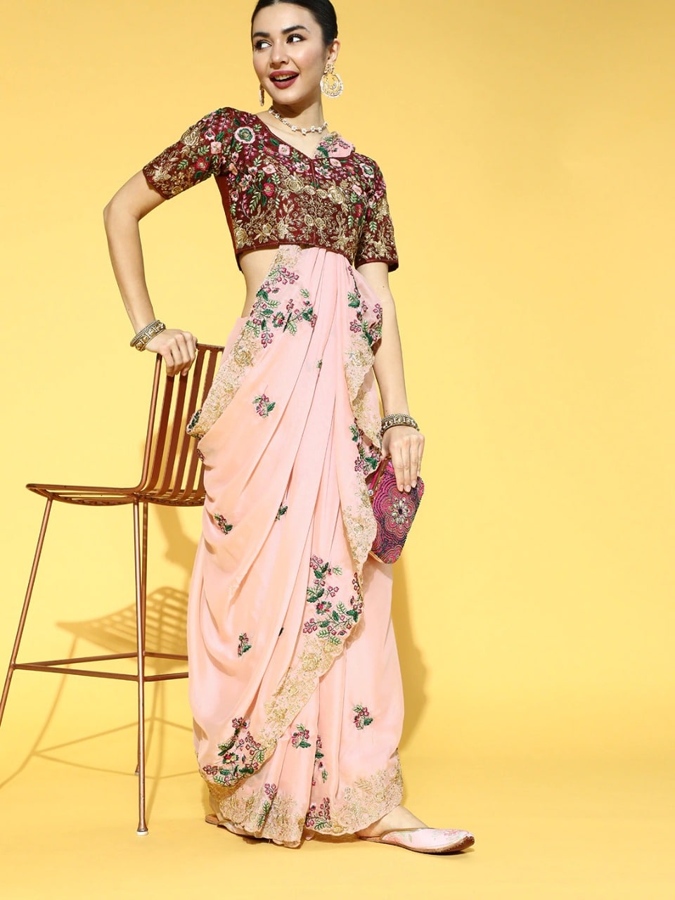 Baby Pink Saree In Rangoli Silk With Embroidery Work