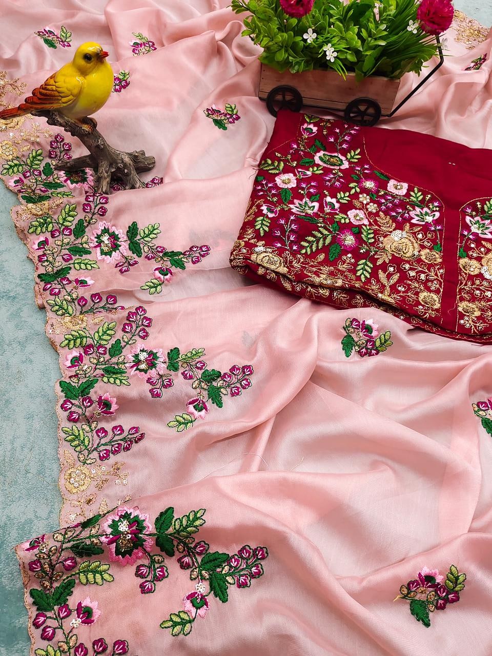 Baby Pink Saree In Rangoli Silk With Embroidery Work
