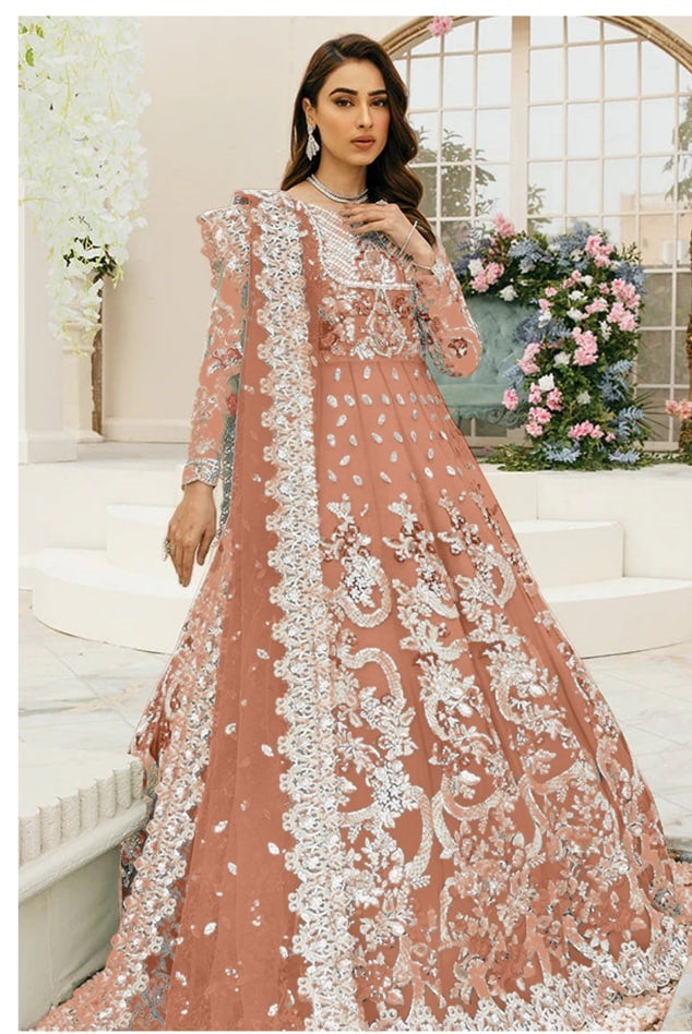 Beige Anarkali Suit In Butterfly Mono Net With Embroidery Work