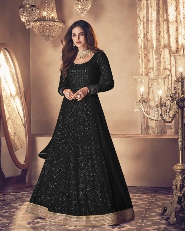 Black Gown In Heavy Bluming Georgette With Sequence Embroidery Work