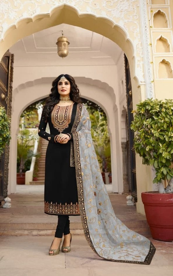 Black Salwar Suit In Satin Georgette With Embroidery Work