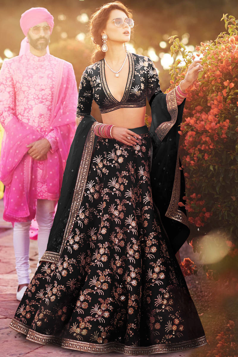 Black Lehenga Choli In Thai Silk With Zari Sequence Embroidery Work