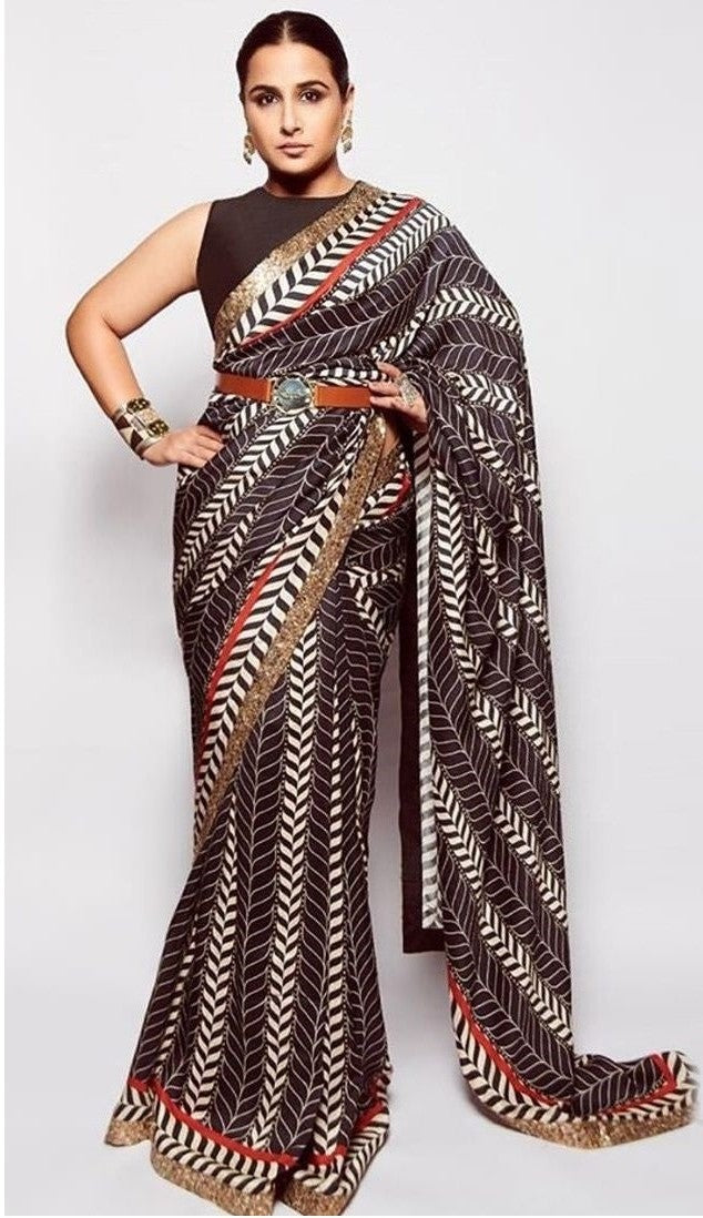 Black Saree In White Paper Silk Digital Printed