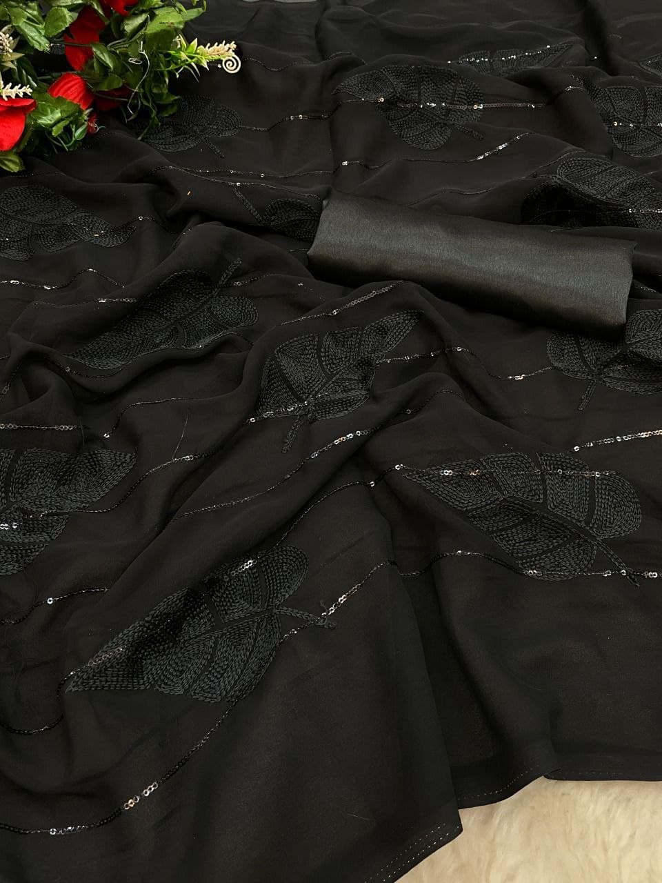 Black Saree In 60 GM Georgette With Chain Stitch Work