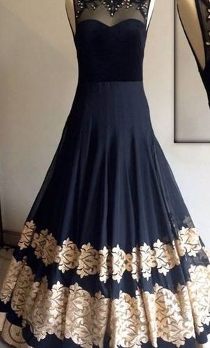 Black 60 GM Georgette Fancy Thread Work Gown