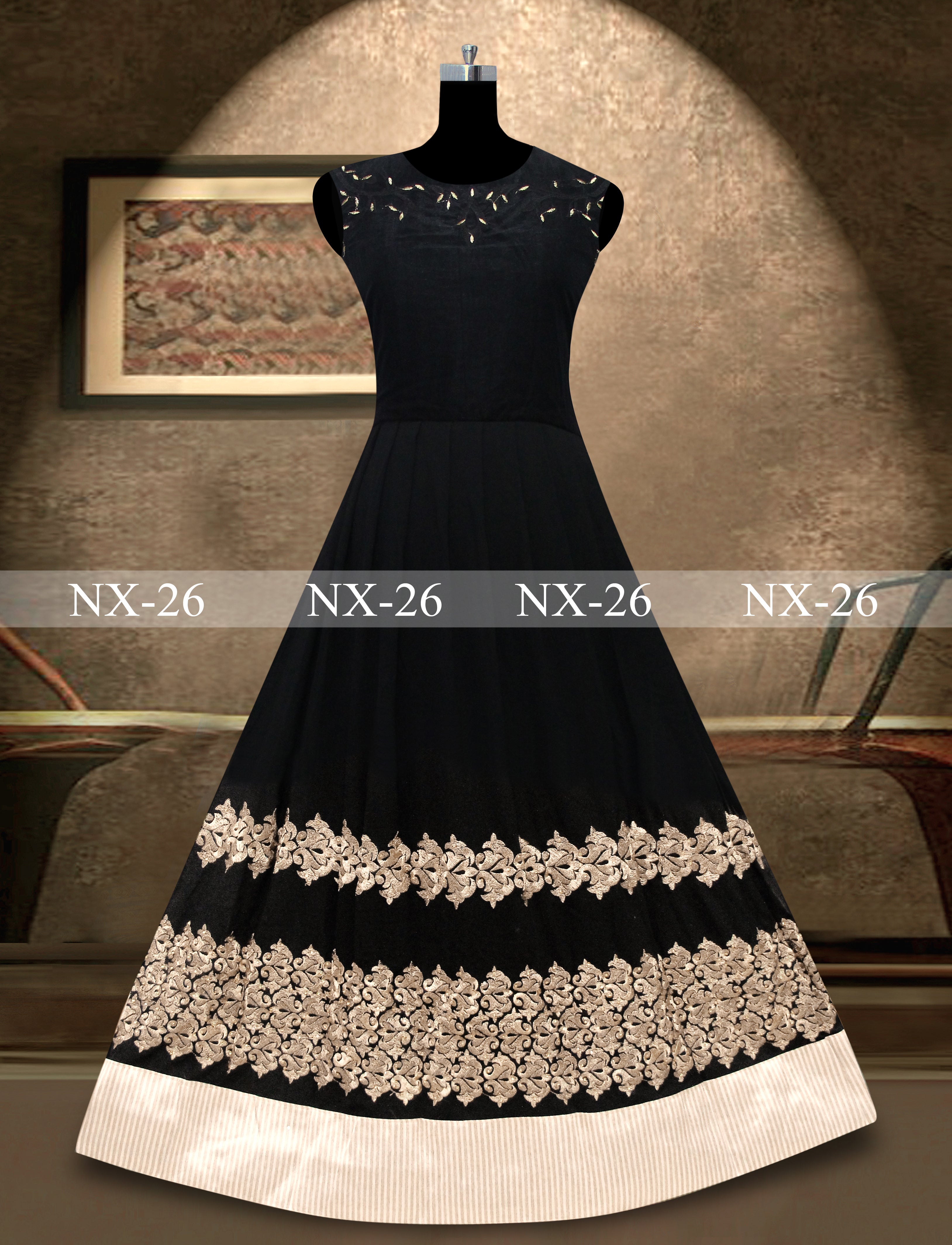 Black 60 GM Georgette Fancy Thread Work Gown