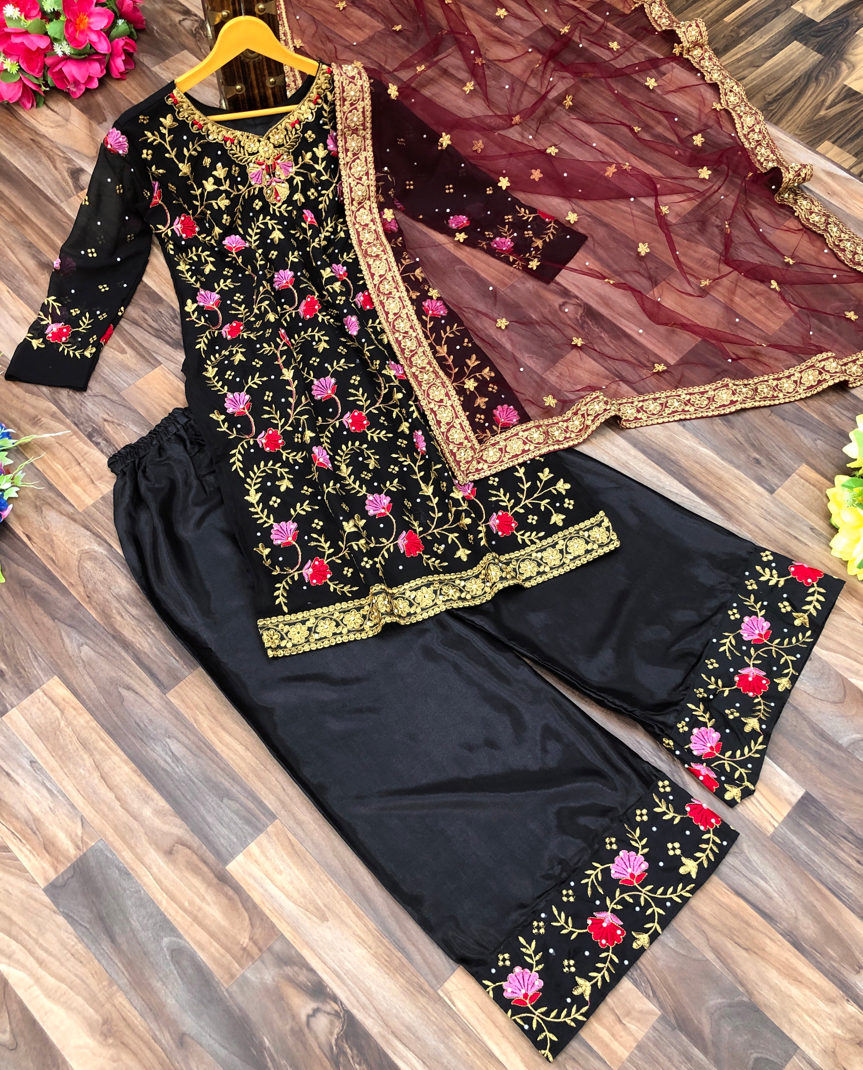 Black Sharara Suit In 60 GM Georgette With FancyThread Work