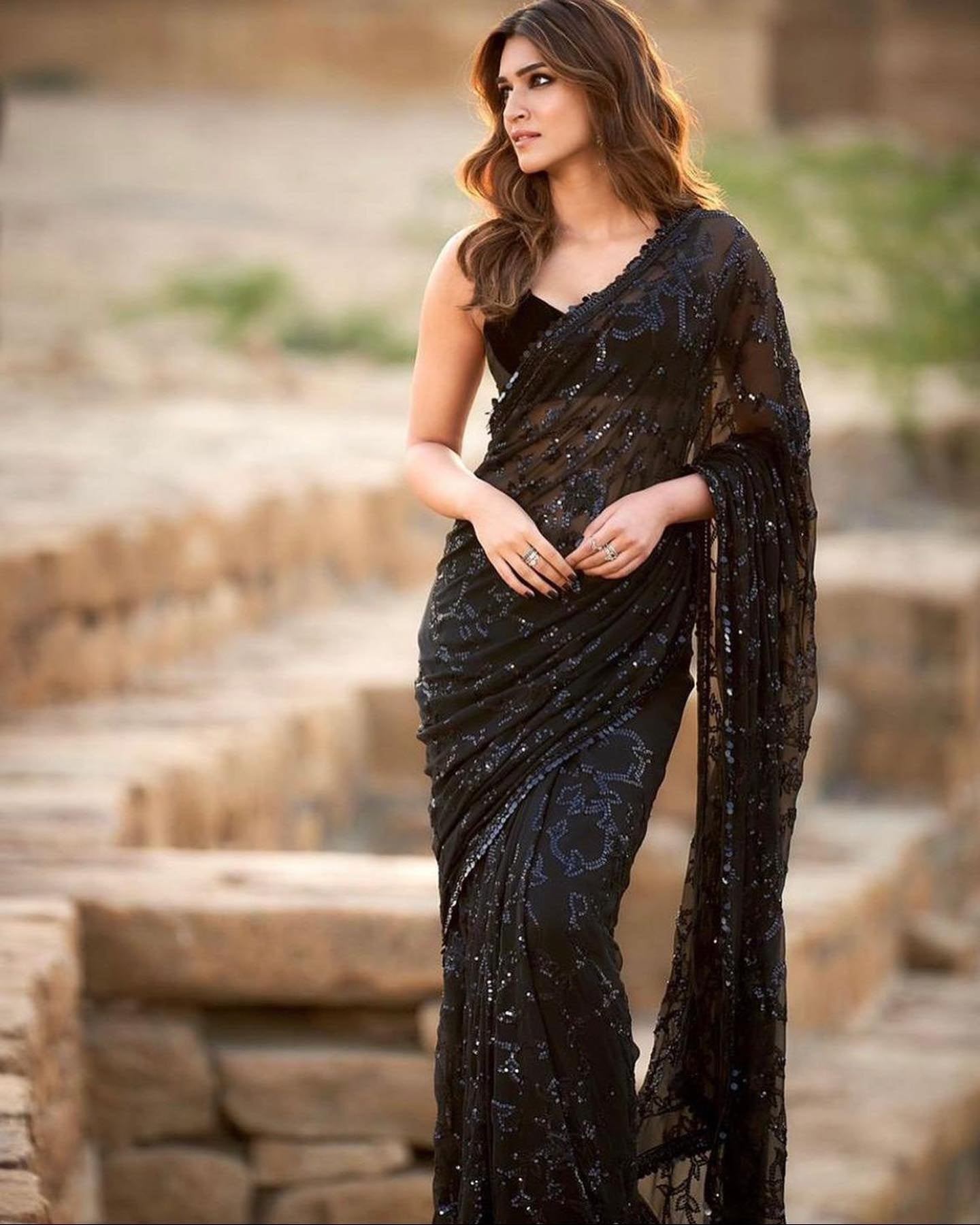 Black Saree In 60 GM Georgette With Sequence Work