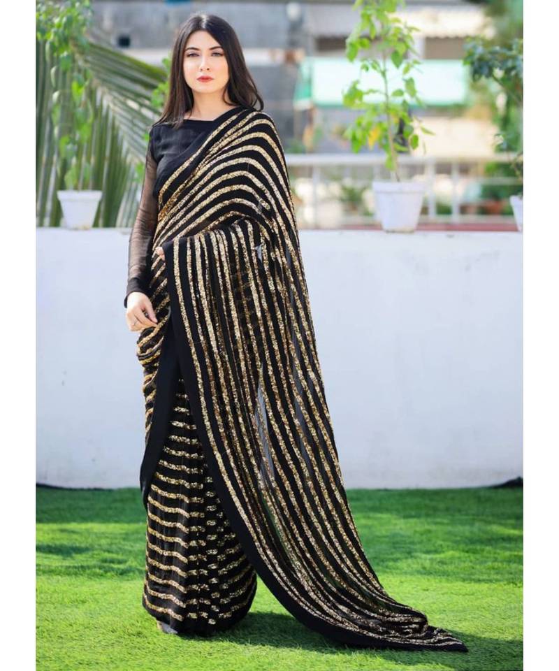 Black Saree In 60 GM Georgette With Sequence Work