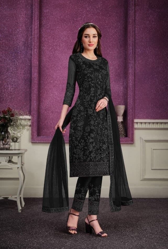 Black Salwar Suit In Butterfly Mono Net With Embroidery Cording Work