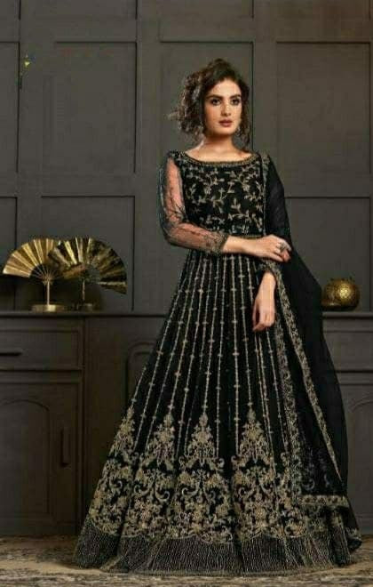 Black Gown In Butterfly Mono Net With Embroidery Work