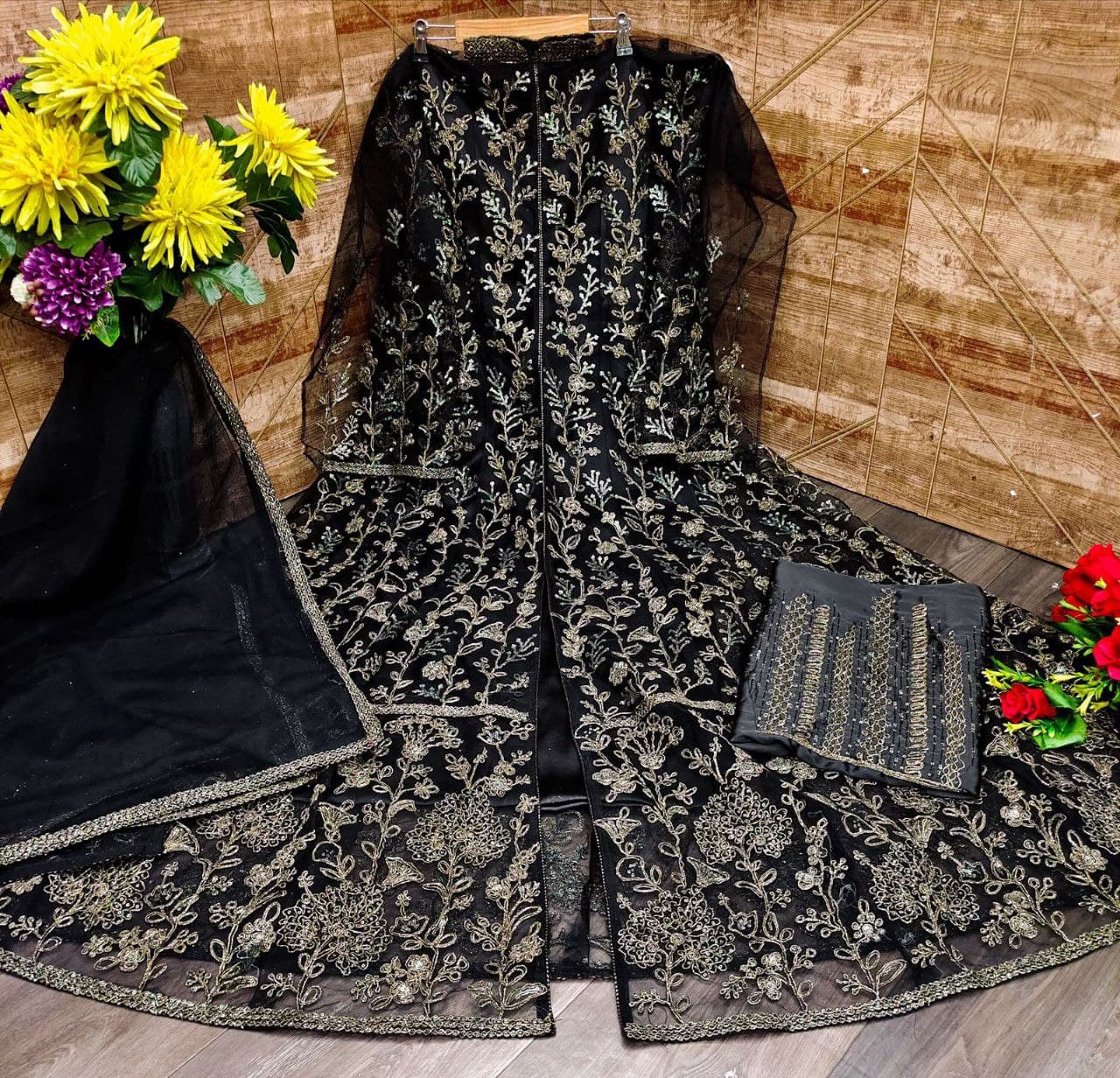 Black Gown In Butterfly Mono Net With Embroidery Work