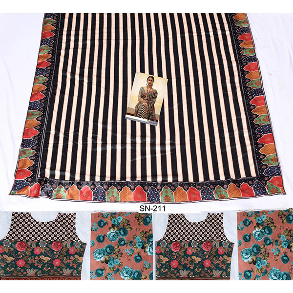 Black Saree In Chinon Silk With Digital Print