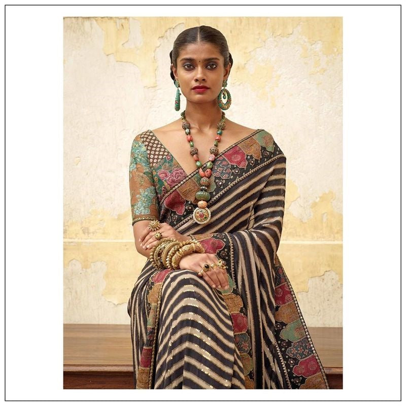 Black Saree In Chinon Silk With Digital Print