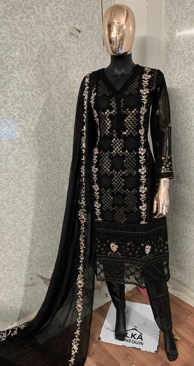 Black Salwar Suit In Faux Georgette With Embroidery Work