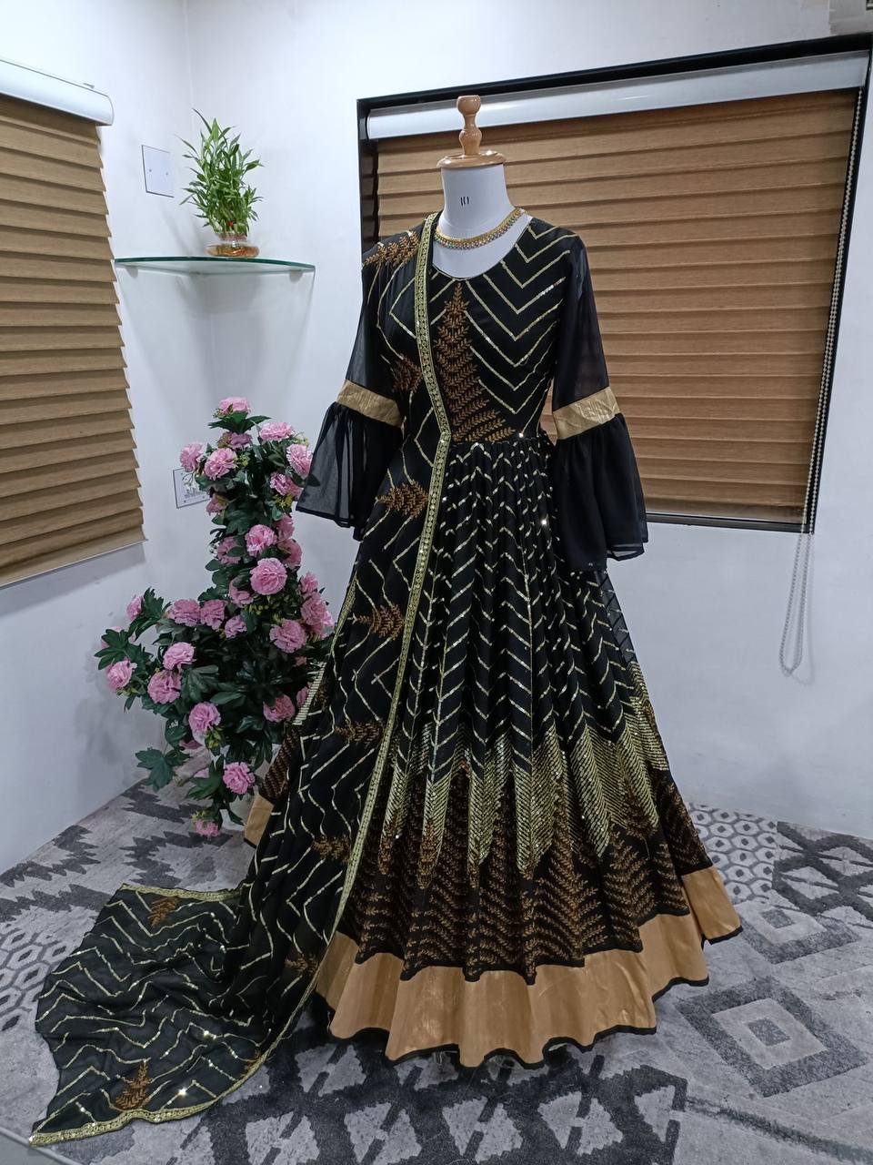 Black Gown In Faux Georgette With Heavy Sequence Embroidery Work