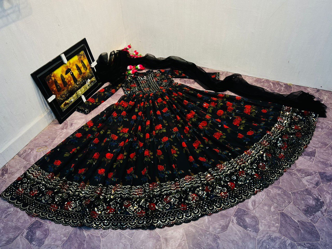 Black Anarkali Suit In Fox Georgette With 5 MM Sequence Work