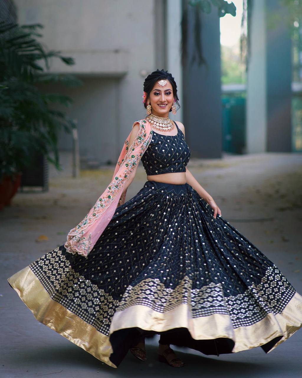 Black Lehenga Choli In Fox Georgette With 5 MM Sequence Work