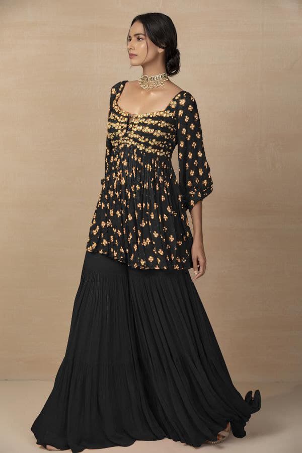 Black Sharara Suit In Fox Georgette With Embroidery Work