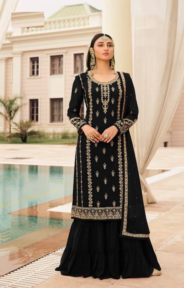 Black Sharara Suit In Fox Georgette With Embroidery Work