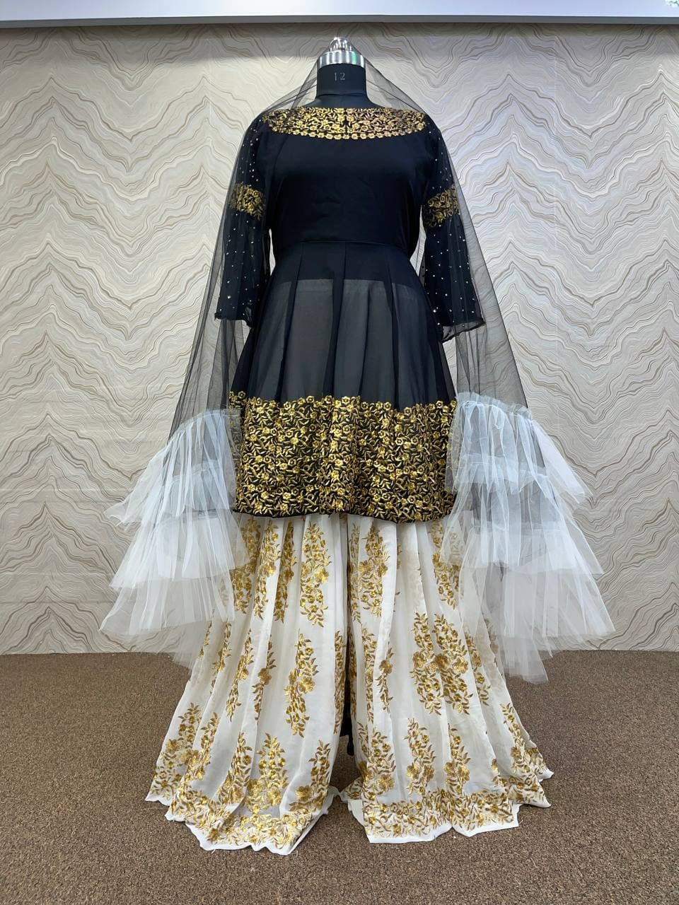 Black Sharara Suit In Fox Georgette With Embroidery Work