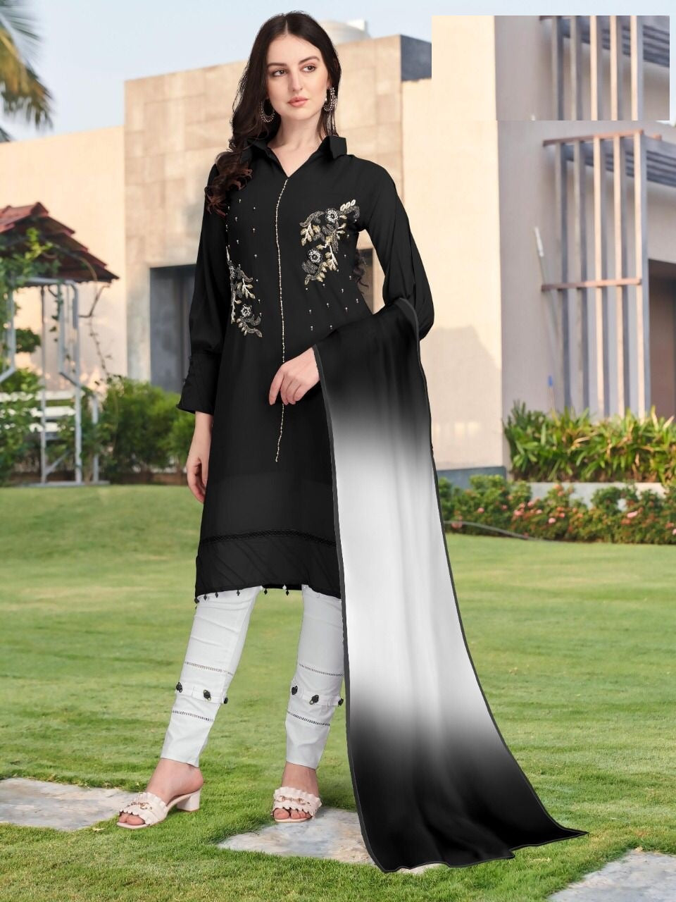 Black Salwar Suit In Fox Georgette With Hand Work