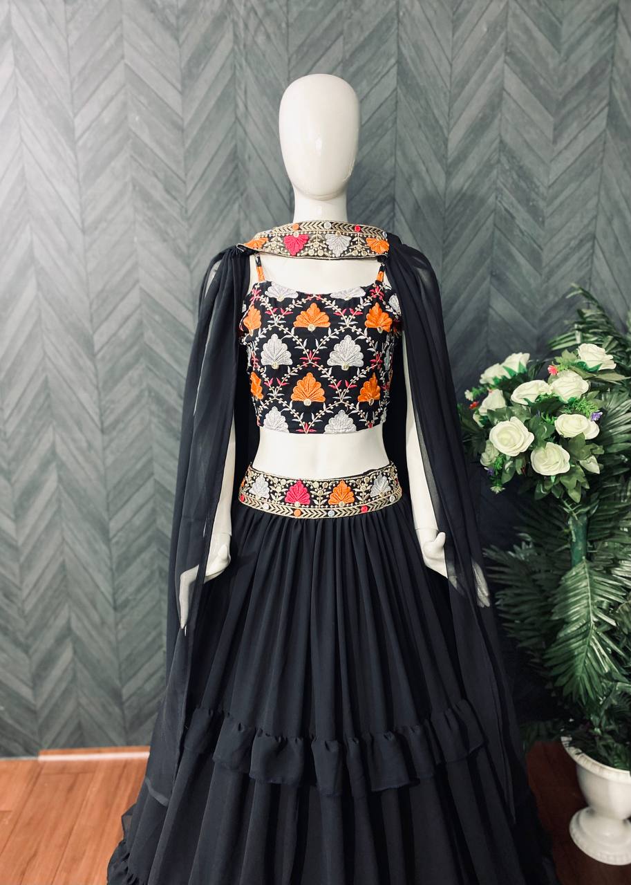 Black Lehenga Choli In Fox Georgette With Ruffles