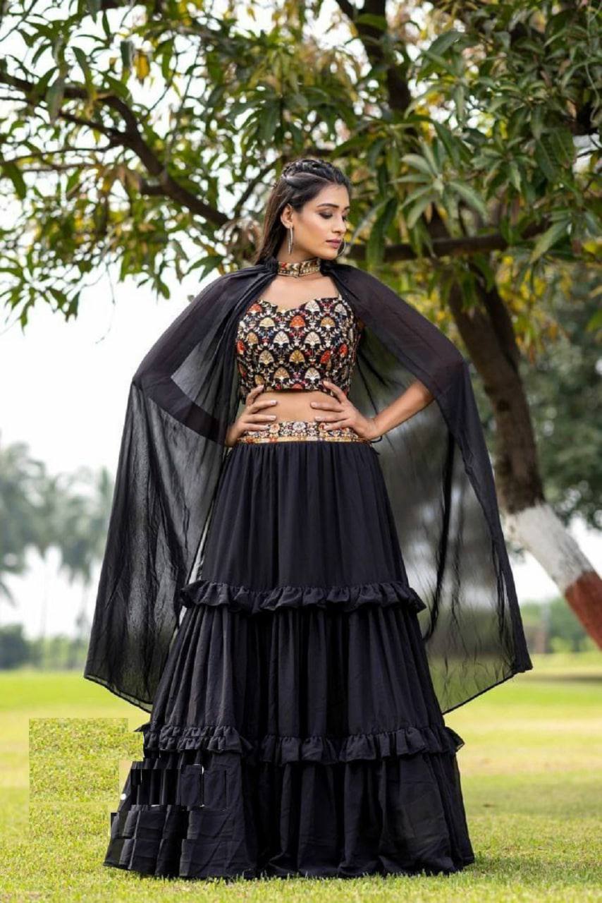 Black Lehenga Choli In Fox Georgette With Ruffles